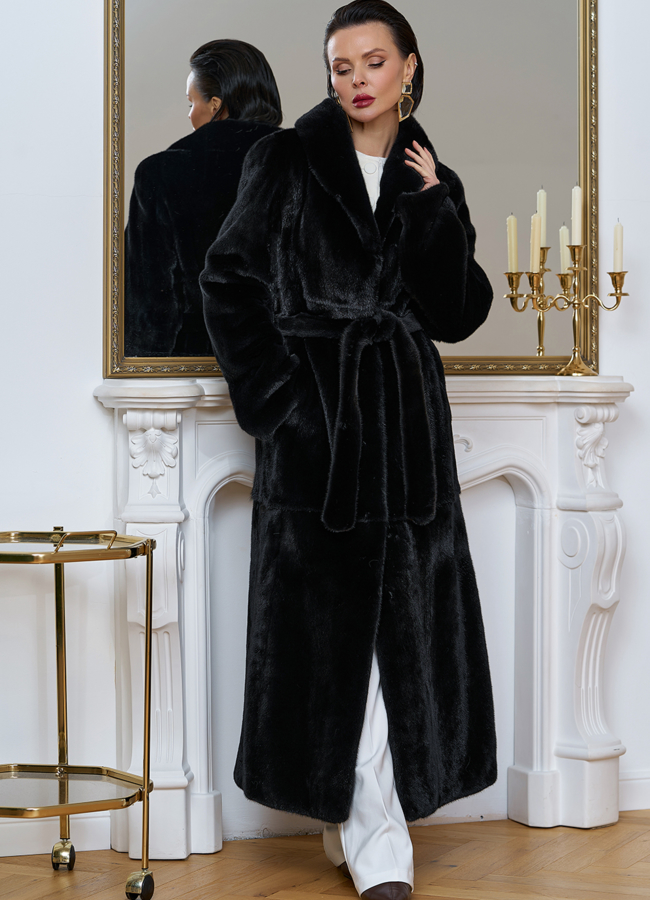 Длинная шуба из меха норки с воротником шаль модель № 32046 меха малина