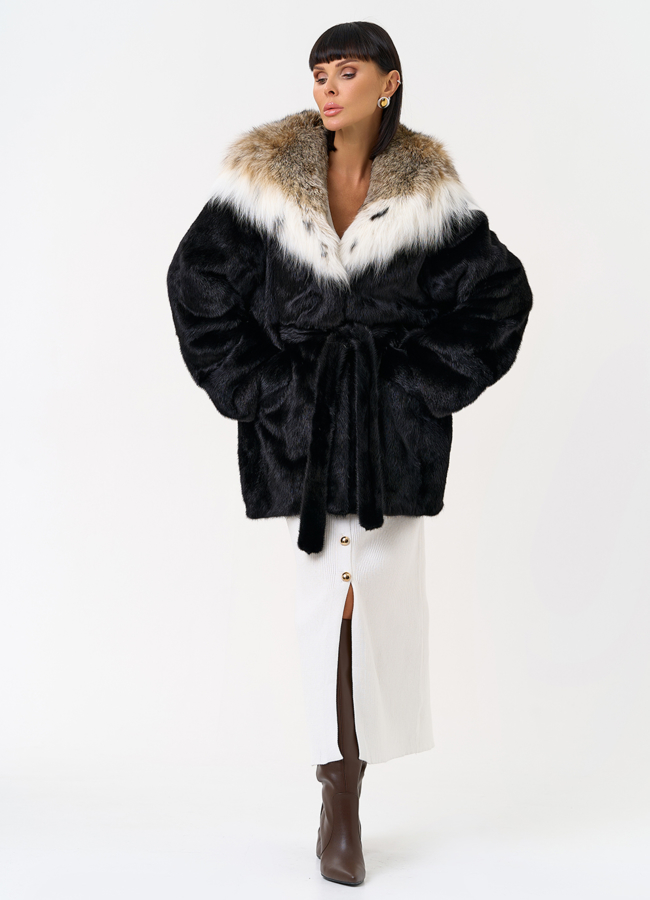 Женская шуба из меха норки с капюшоном из меха рыси модель № 31376 универмаг малина