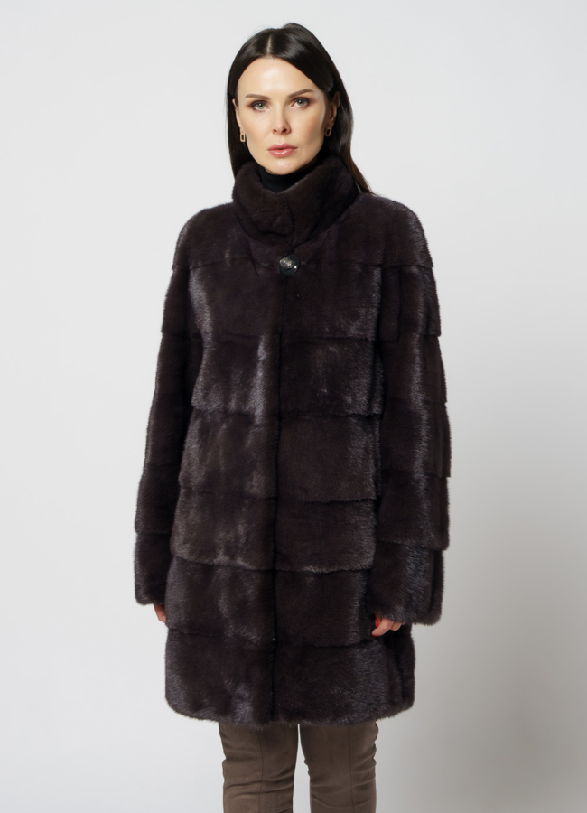 Норковая шуба с воротником стойкой коричневого цвета модель № 26159 меха малина