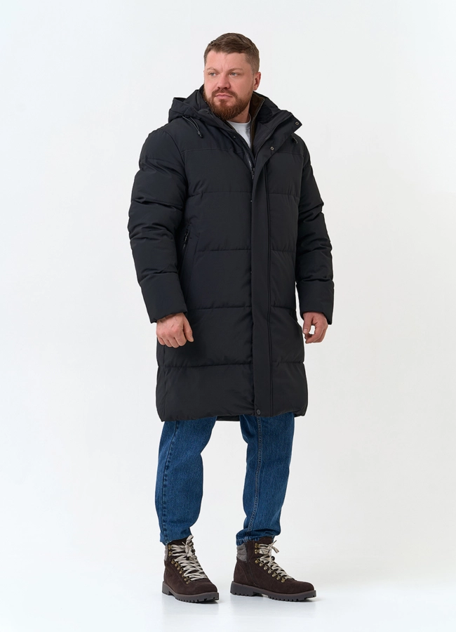Удлиненный мужской пуховик с капюшоном модель № 34077 универмаг малина фото