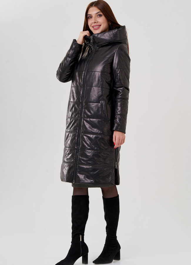 Женский пуховик из натуральной кожи с капюшоном  модель № 18231 универмаг малина