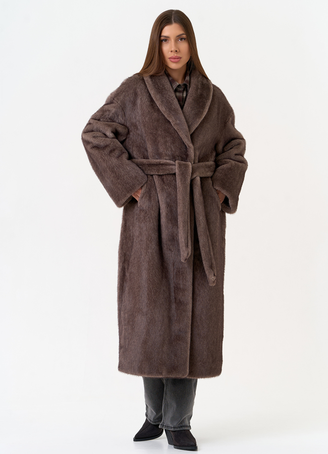 Женская шуба из эко меха с воротником шаль модель № 31502 меха малина