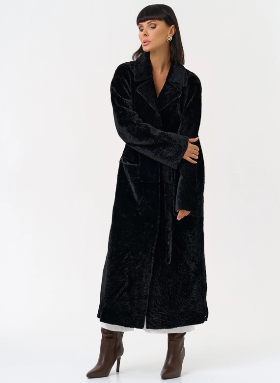 Женская двухсторонняя дубленка с английским воротником