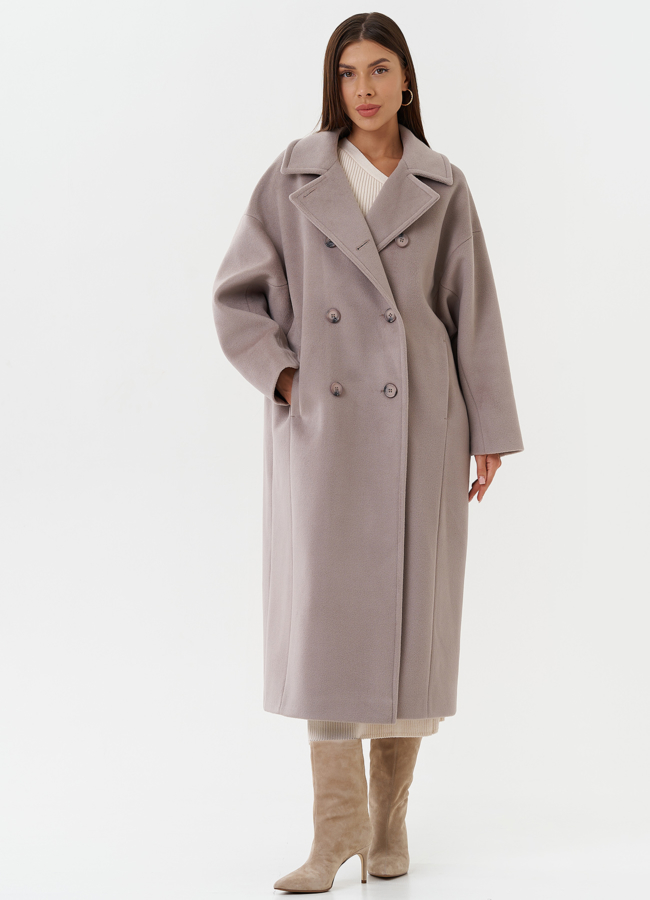 Женское двубортное пальто модель № 28102 меха малина