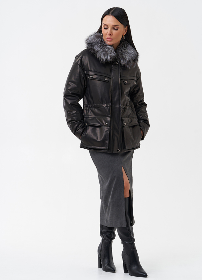 Кожаный пуховик с мехом модель № 29405 универмаг малина