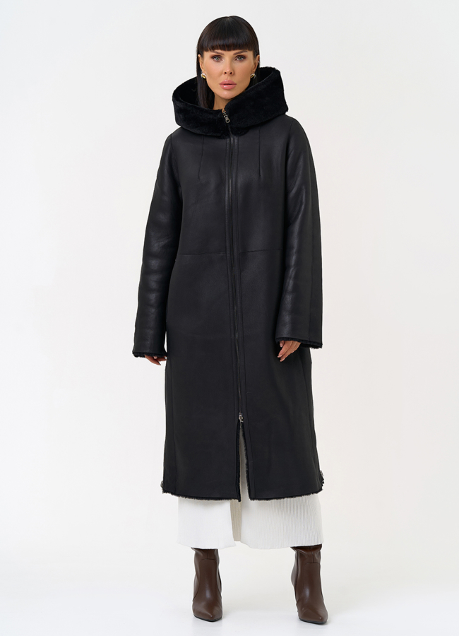 Натуральная двухсторонняя дубленка с капюшоном модель № 28957 меха малина