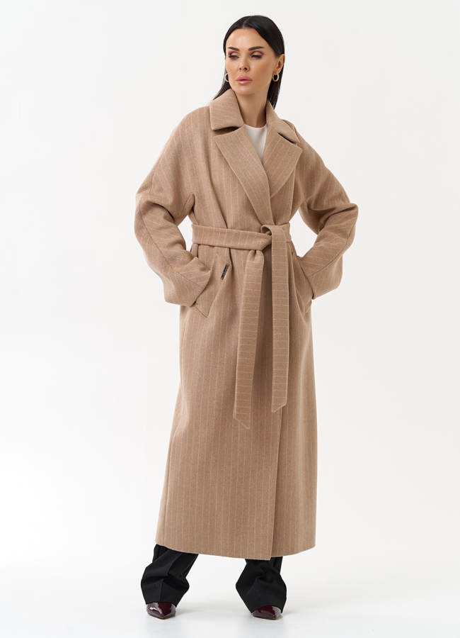 Длинное женское пальто с поясом модель № 29895 меха малина