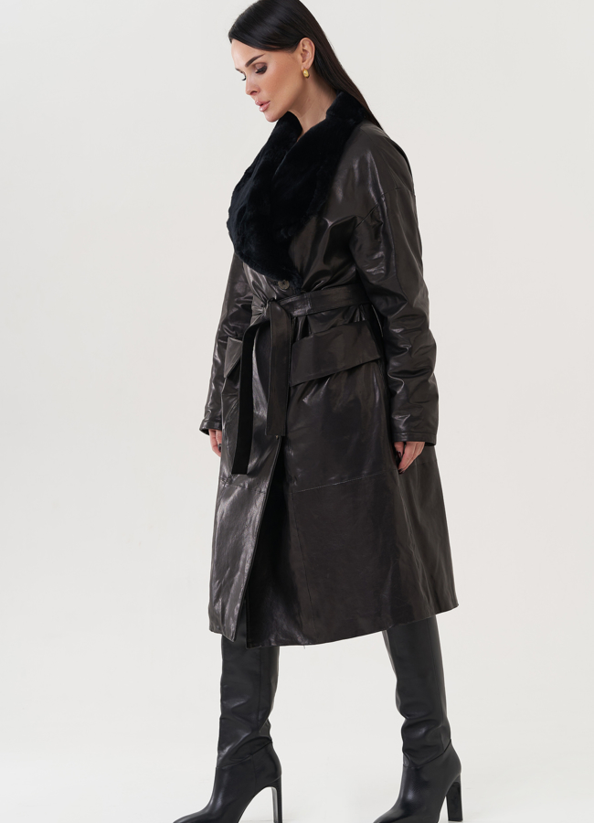 Пальто женское из натуральной кожи с отделкой из кролика  модель № 25377 универмаг малина