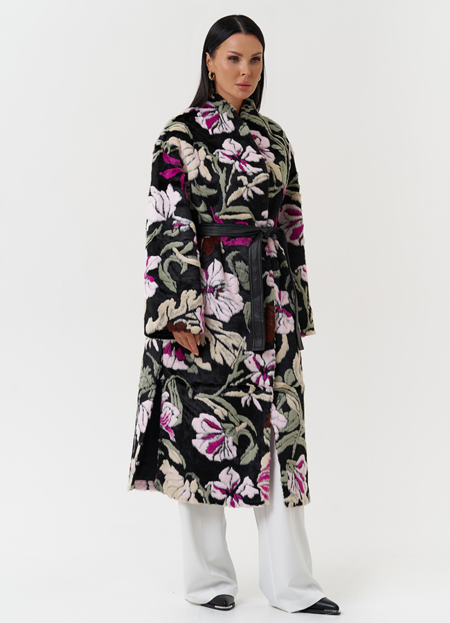 Пальто из эко меха с цветочным принтом модель № 28549 универмаг малина