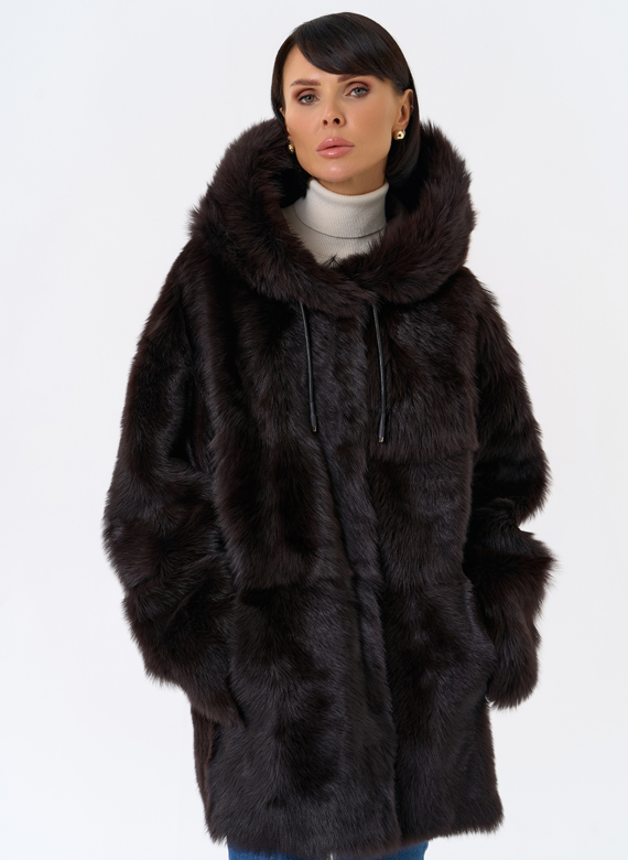 Женская двухсторонняя дубленка с капюшоном