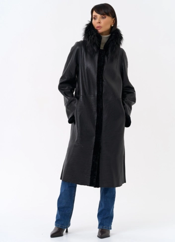 Женская двухстороняя дубленка с воротником из меха чернобурой лисы фото