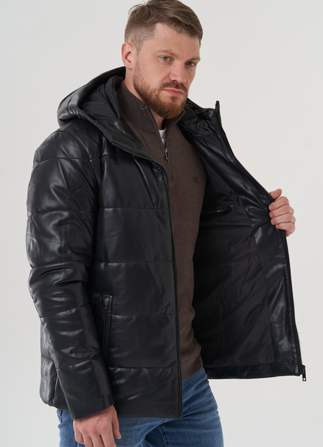Пуховик мужской из эко кожи с капюшоном  модель № 81843 в рассрочку