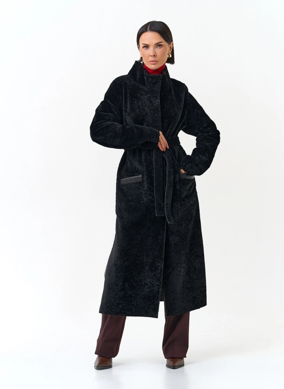 Женская двухсторонняя дубленка с поясом фото
