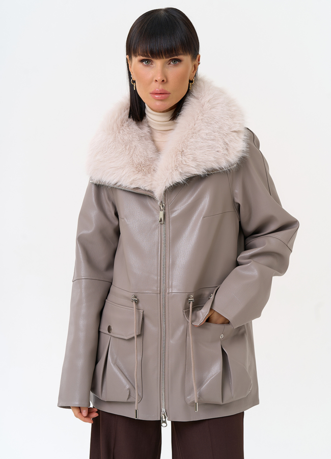 Удлиненная куртка из эко кожи с воротником из эко меха модель № 30707 меха малина