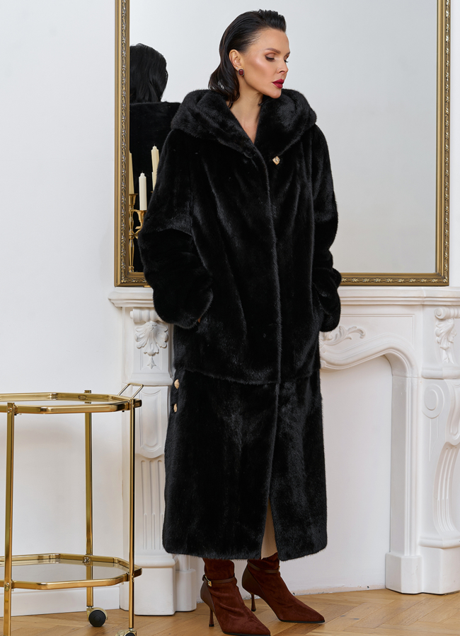 Женская шуба из скандинавской норки с капюшоном модель № 31635 в рассрочку