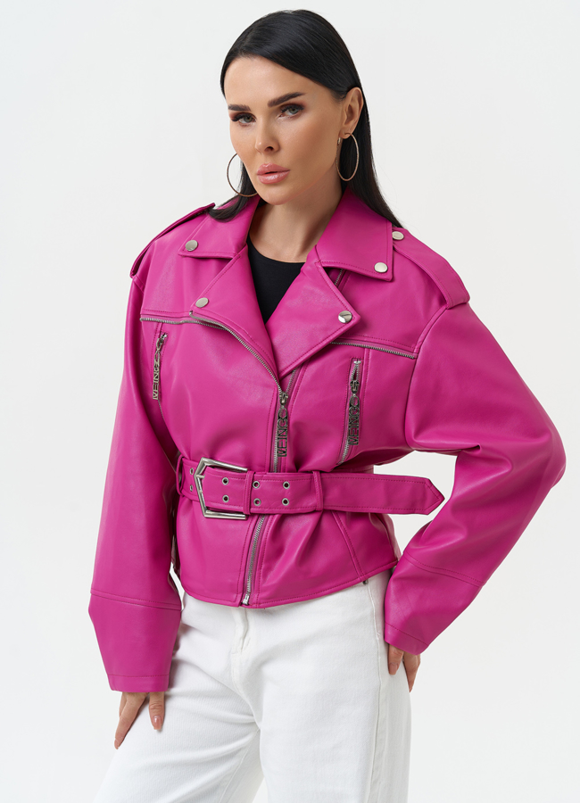 Куртка косуха из эко кожи розового цвета модель № 30304 меха малина