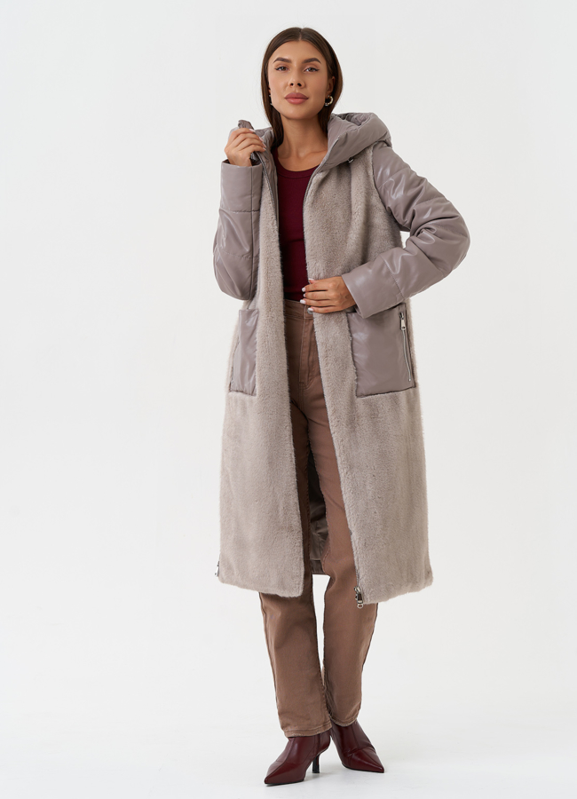 Комбинированный пуховик из эко кожи с капюшоном модель № 28518 универмаг малина