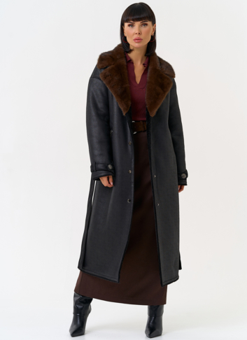 Женская дубленка из эко замши с английским воротником