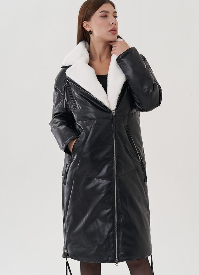 Пуховик женский из эко кожи с английским воротником модель № 25466 в рассрочку