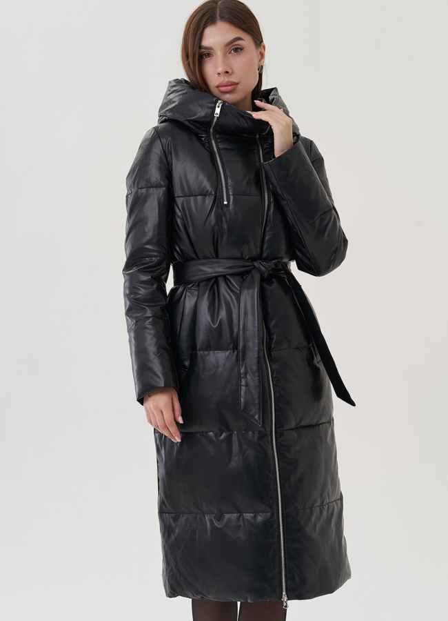 фото Женский пуховик из эко кожи с капюшоном модель № 24865