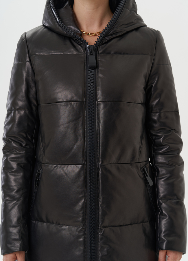 Кожаный пуховик с капюшоном модель № 15013 универмаг малина