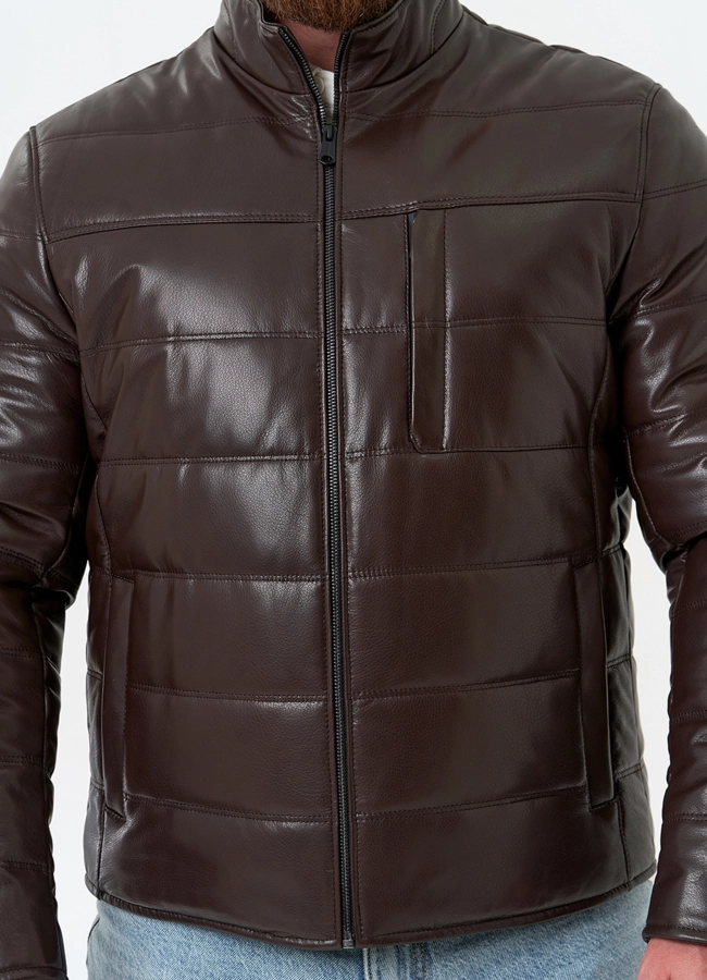 Мужская куртка из натуральной кожи с воротником стойкой модель № 32546 универмаг малина