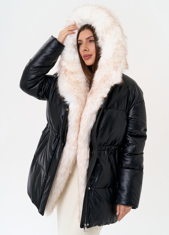 Женский пуховик из эко кожи с отделкой из эко меха модель № 30734 в рассрочку