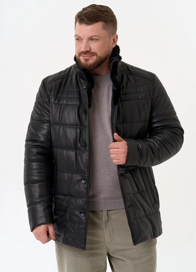 Пуховик из натуральной кожи с воротником стойкой модель № 26053 меха малина