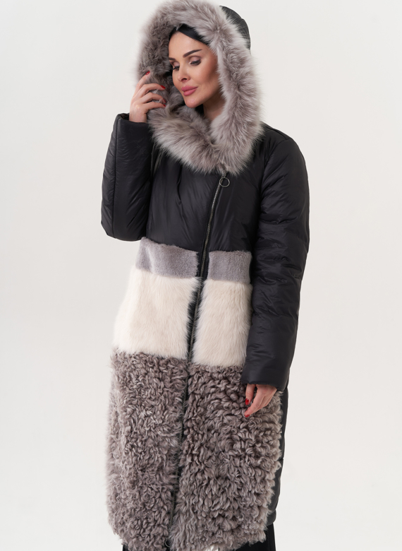 Комбинированный пуховик с овчиной