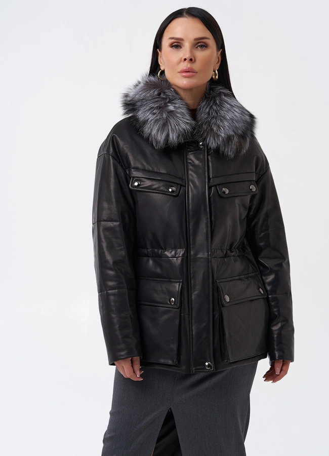 Кожаный пуховик с мехом модель № 29405 меха малина