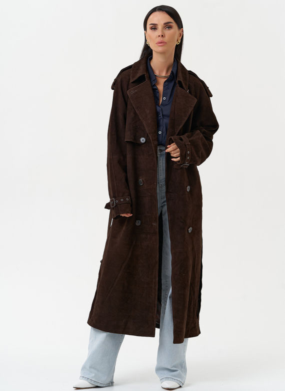 Длинный плащ из натуральной замши коричневого цвета
