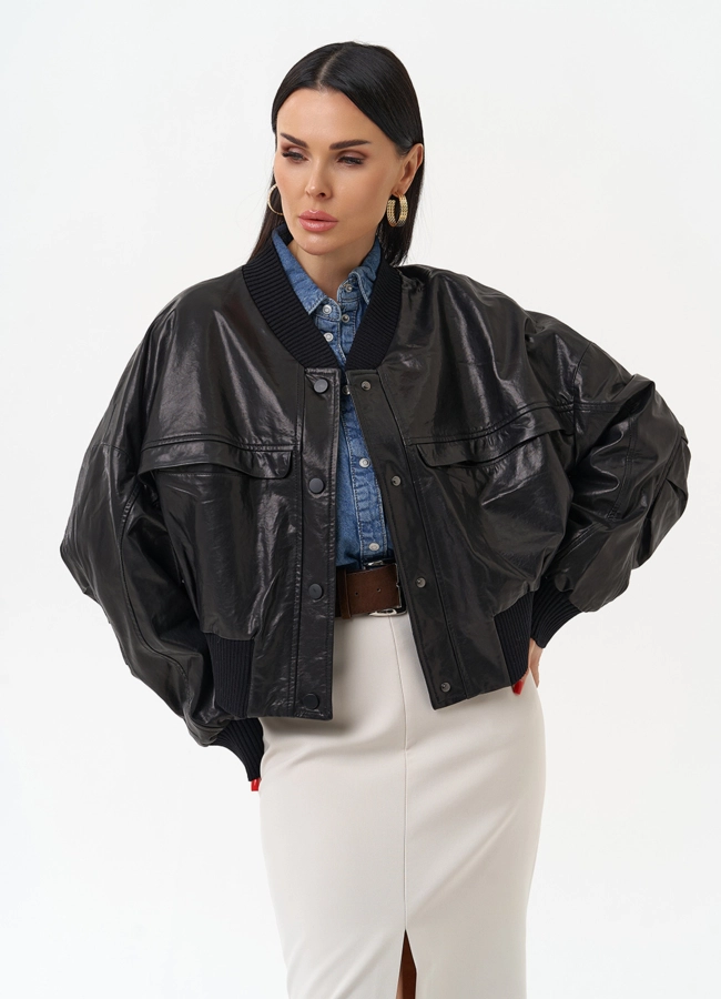 Женская куртка бомбер из натуральной кожи модель № 30097 меха малина