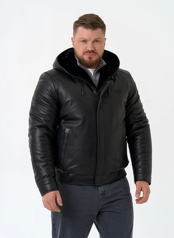 Мужской пуховик из натуральной кожи с капюшоном