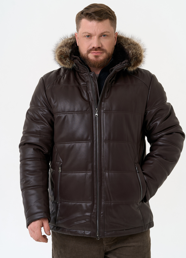 Пуховик из эко кожи с капюшоном из меха енота модель № 31721 меха малина